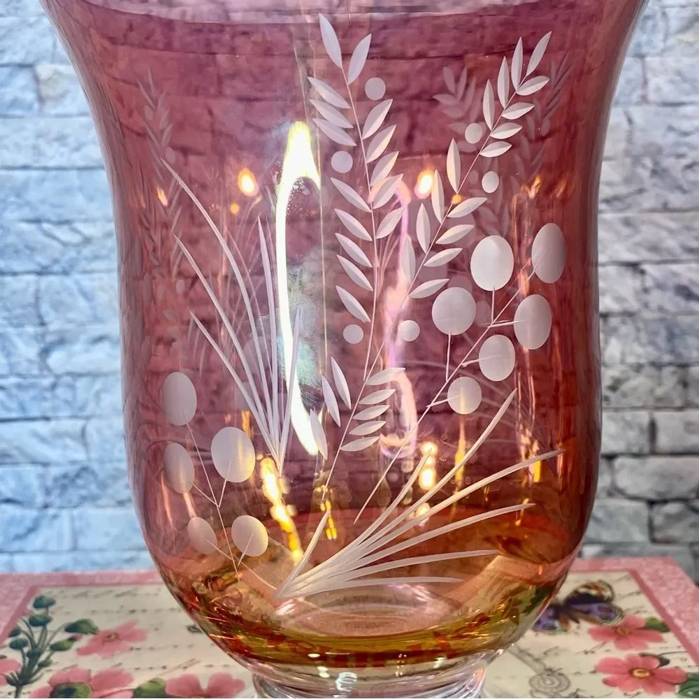 Lenox Crystal Vase Etched Cranberry Hurricane Glass Candelabra 9 Inch